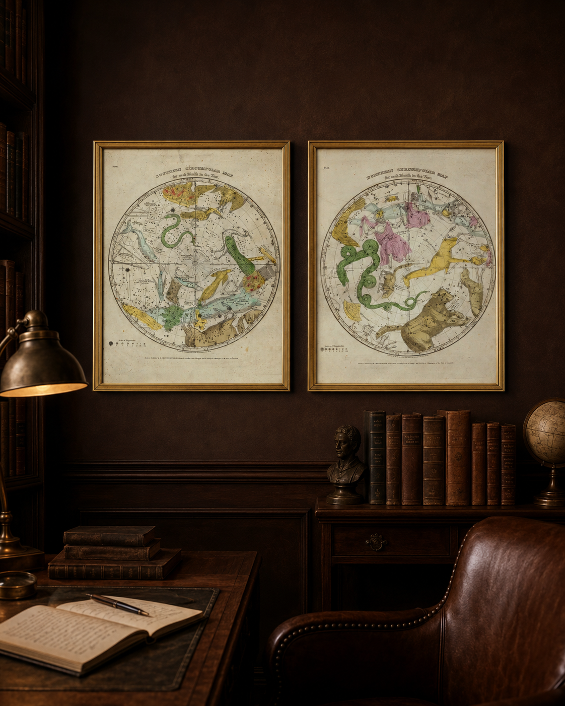 Two framed vintage celestial maps on a dark wall above a desk with books and a globe.