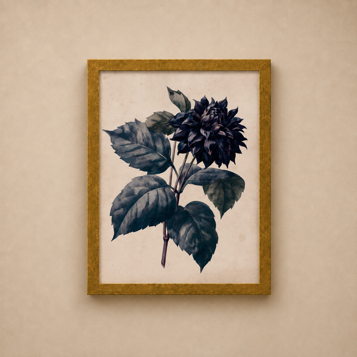 Framed botanical print of a dark blue flower and leaves on a beige wall.