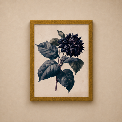 Framed botanical print of a dark blue flower and leaves on a beige wall.