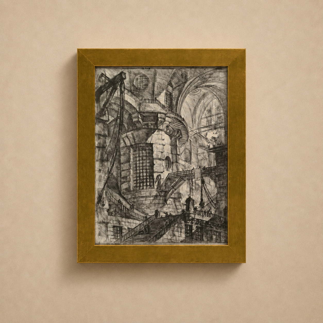 Framed black and white architectural drawing on a beige wall