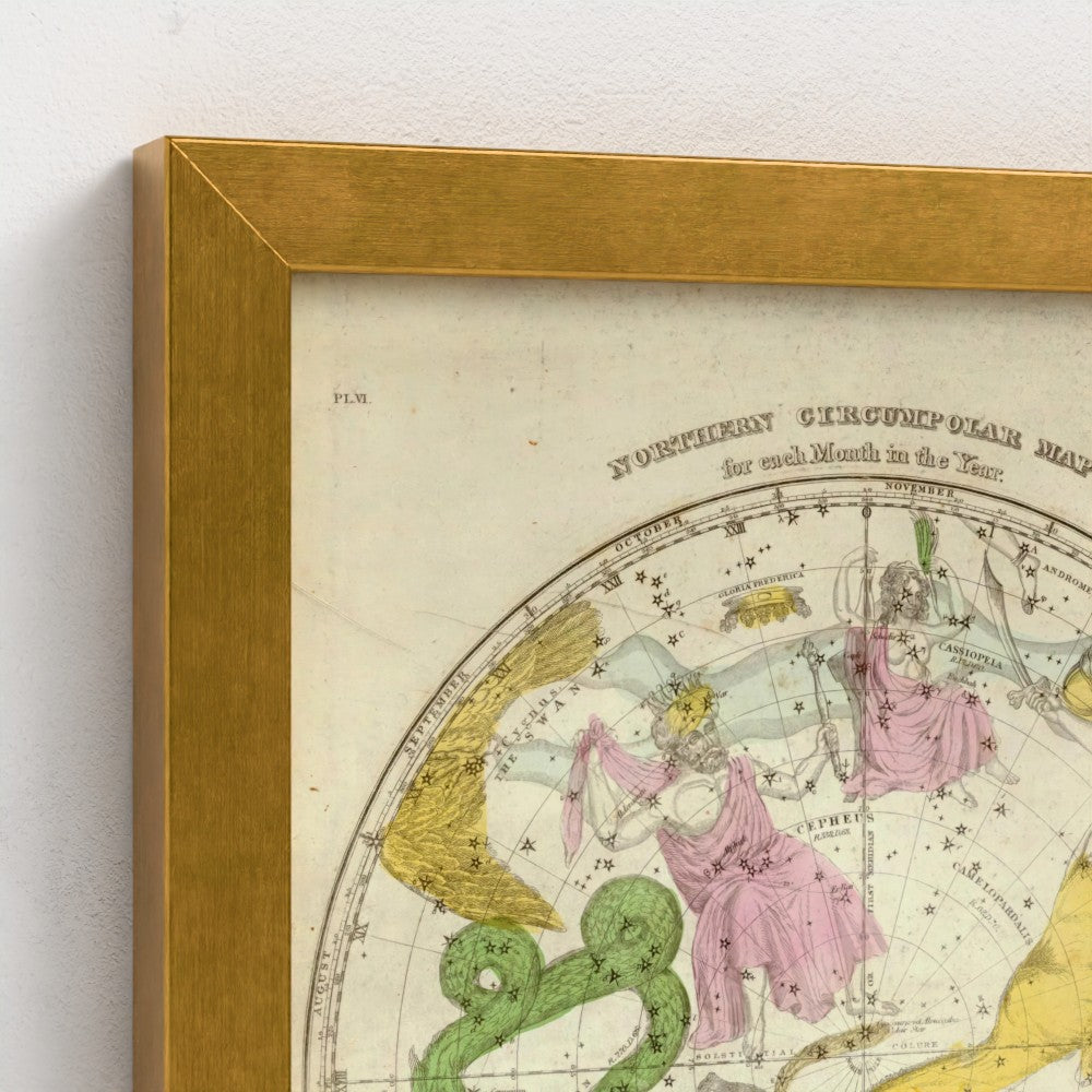 Vintage-style star map with constellations and a gold frame.