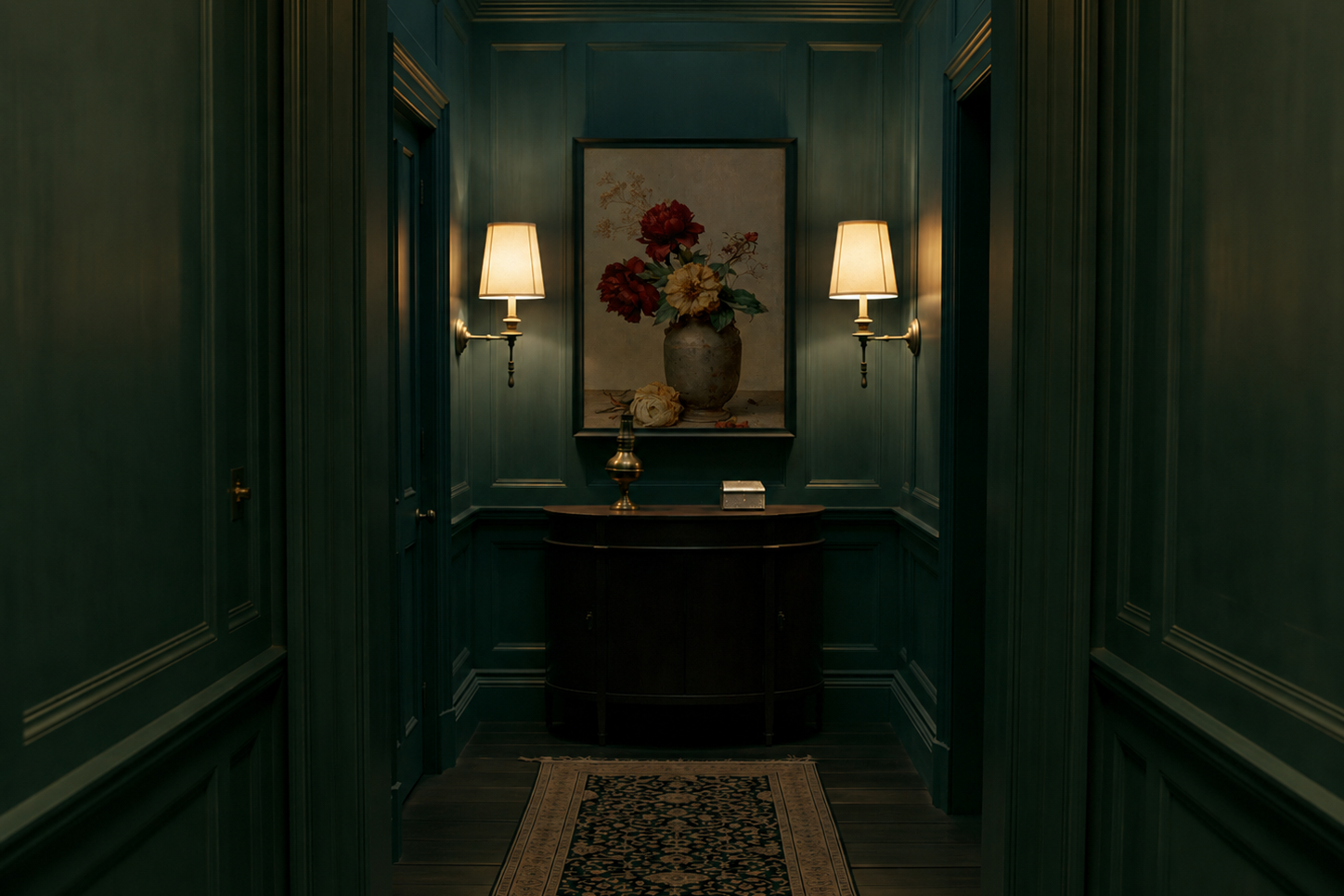 Dark hallway with teal walls, a floral painting, and wall sconces.