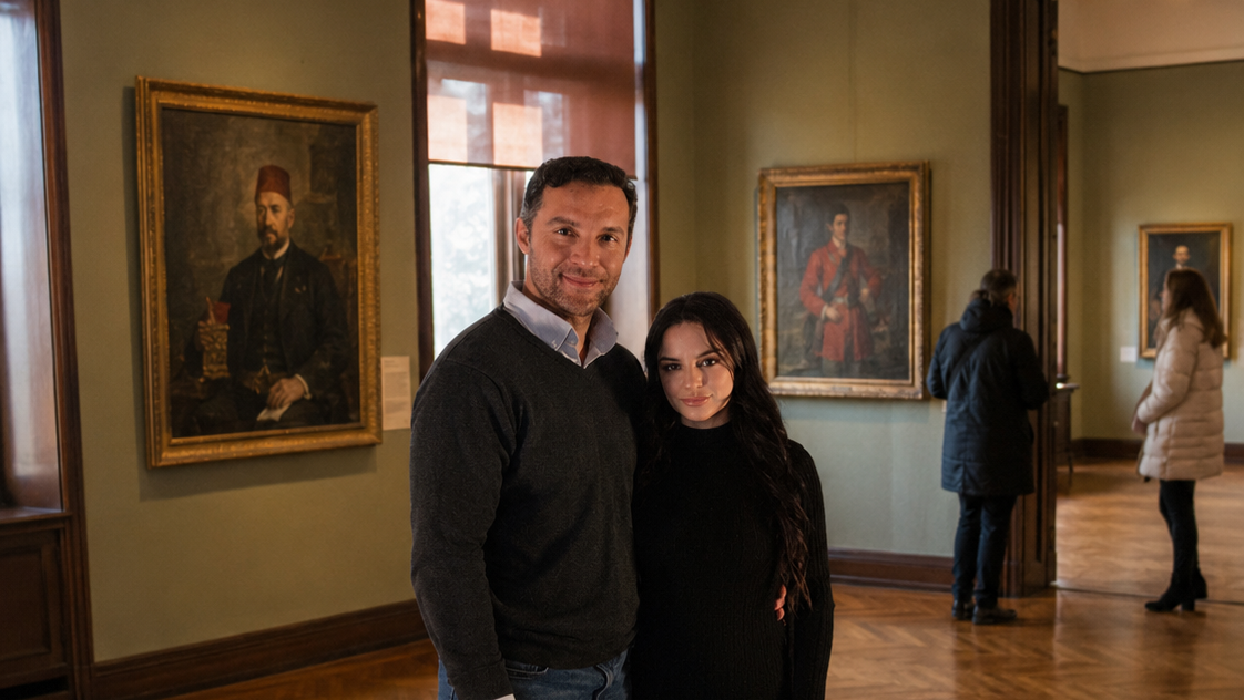 Man and woman posing for a photo in an art gallery with paintings on the walls.