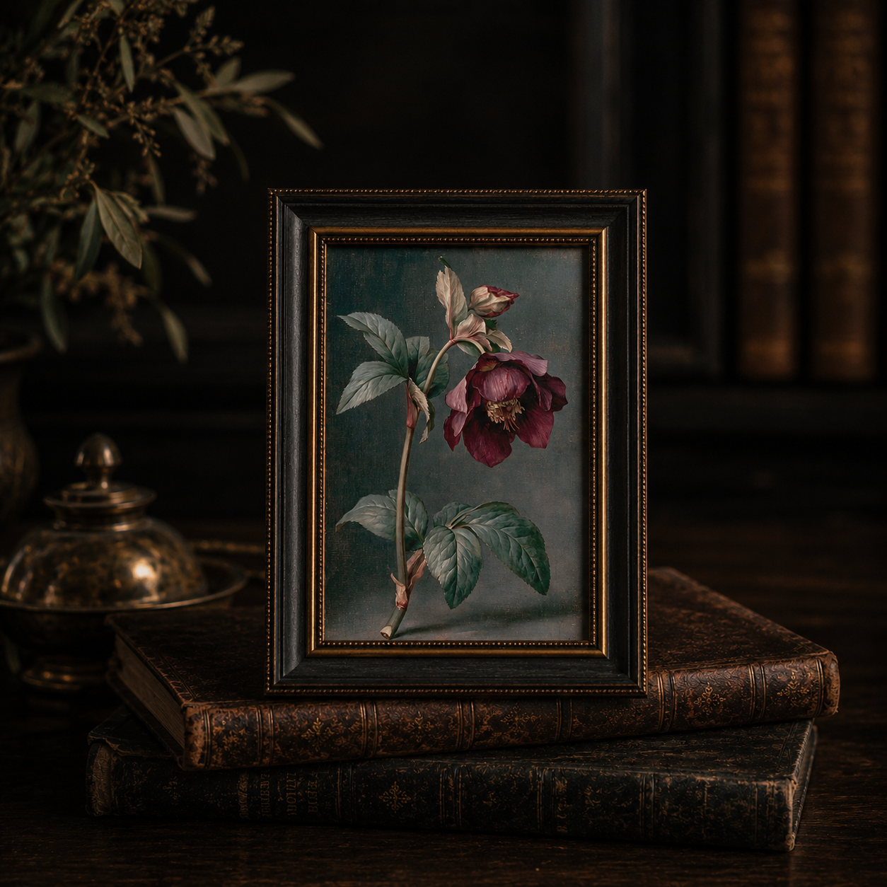 Framed botanical print of a purple flower on a dark surface with books and a plant in the background.