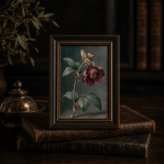 Framed botanical print of a purple flower on a dark surface with books and a plant in the background.