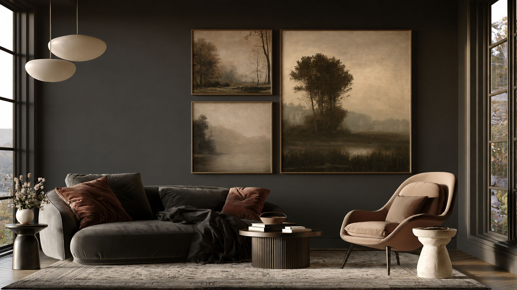 Modern living room with dark walls, gray sofa, and decorative artwork.