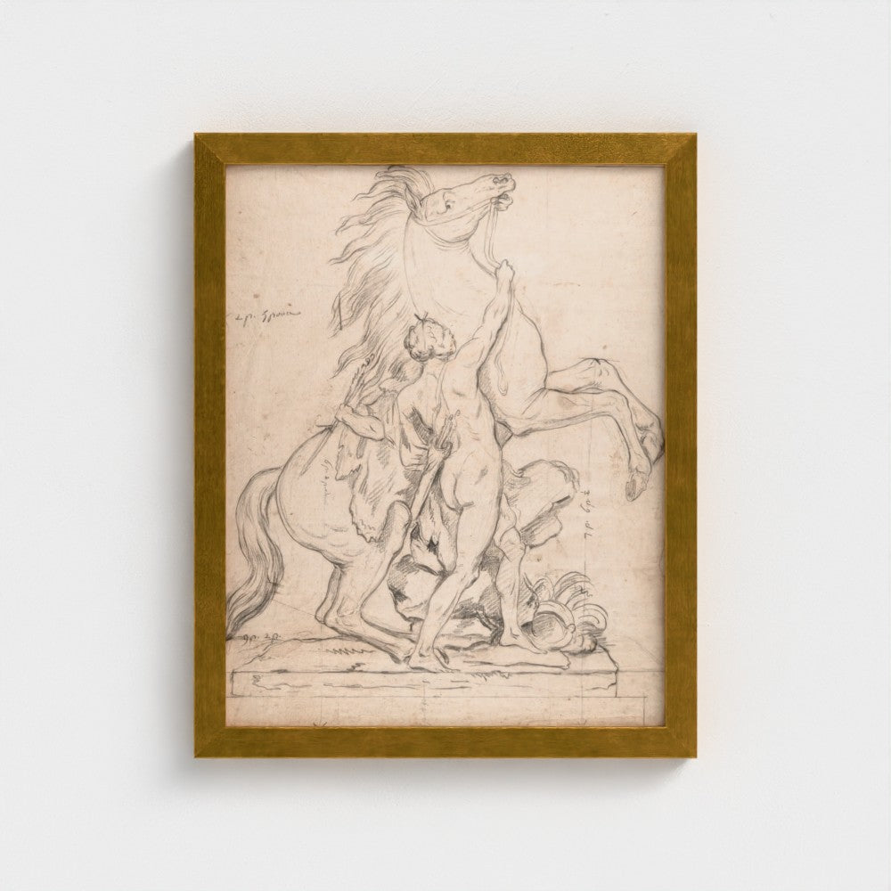 Framed artwork of a classical scene with a horse and person on a white background