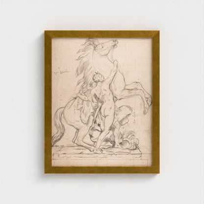 Framed artwork of a classical scene with a horse and person on a white background