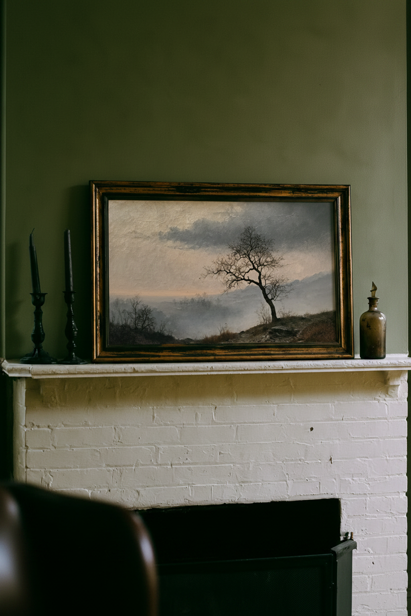 Framed landscape painting on a mantelpiece with candles and decorative items.
