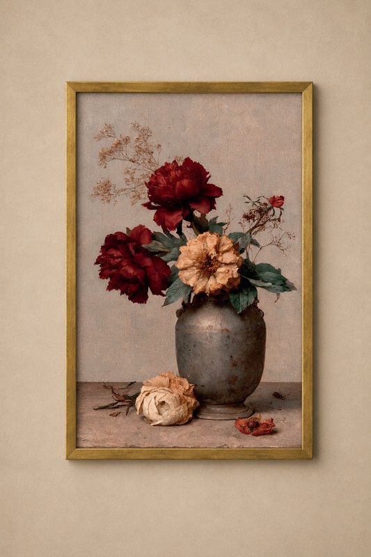 Muted Still Life with Roses — dark romantic floral fine art print, The Midnight Archive