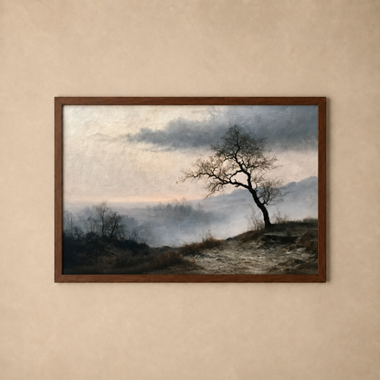 The Solitary Oak in Mist — dark romantic atmospheric landscape fine art print, The Midnight Archive