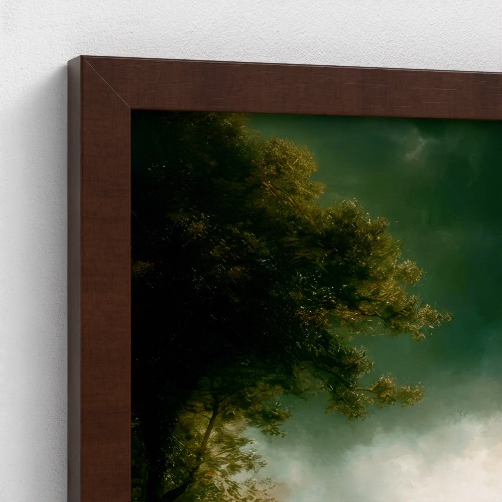Framed artwork of trees reflected in water on a white wall