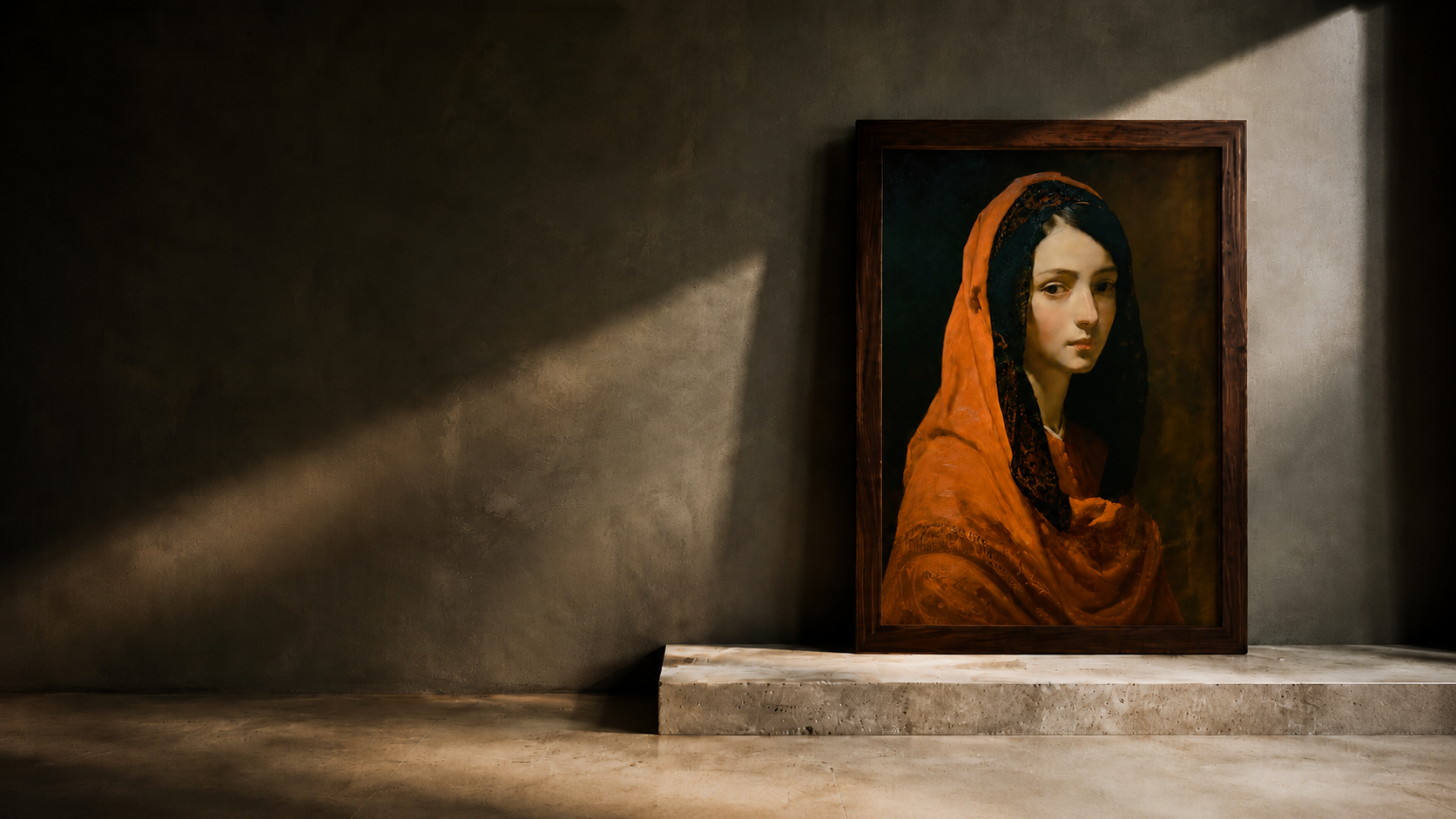 Portrait of a woman in an orange hooded garment on a textured wall with dramatic lighting.