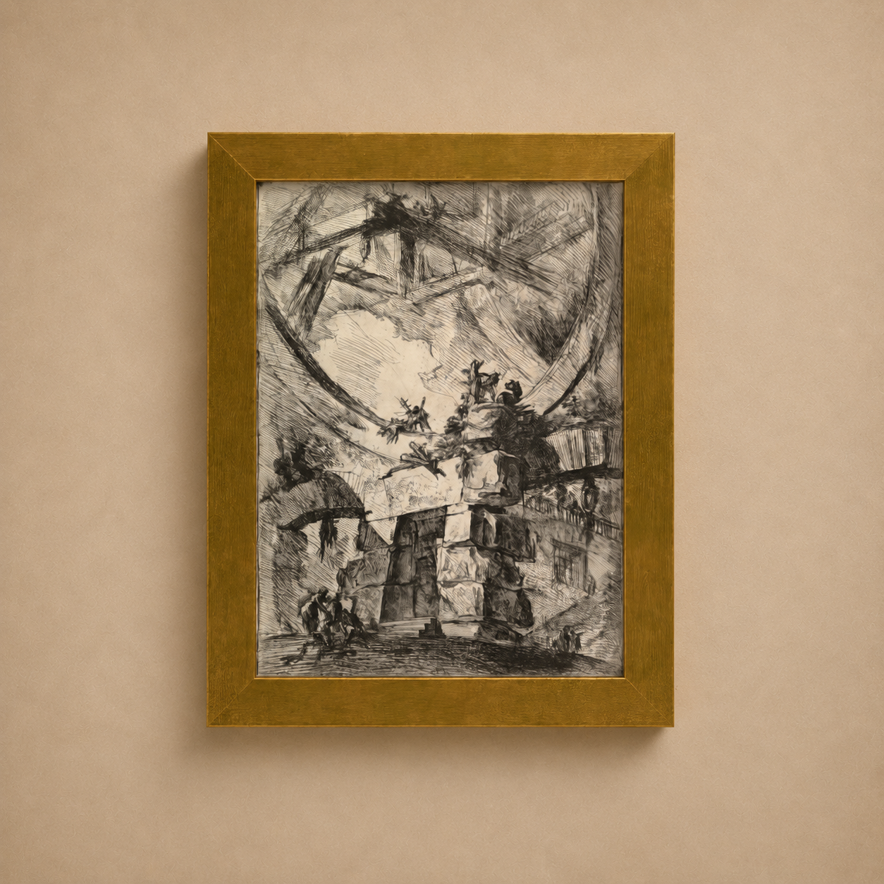 Framed black and white artwork on a beige wall