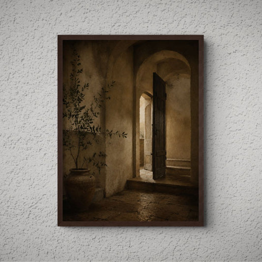 Open Doorway with Olive Tree Canvas - The Midnight Archive