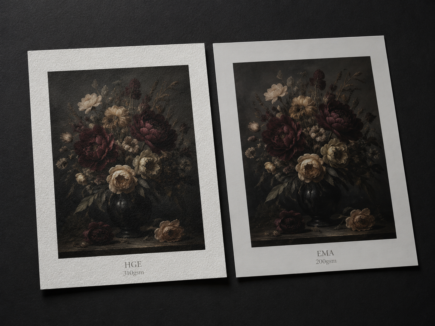 Side by side HGE and EMA fine art paper comparison with dark floral artwork