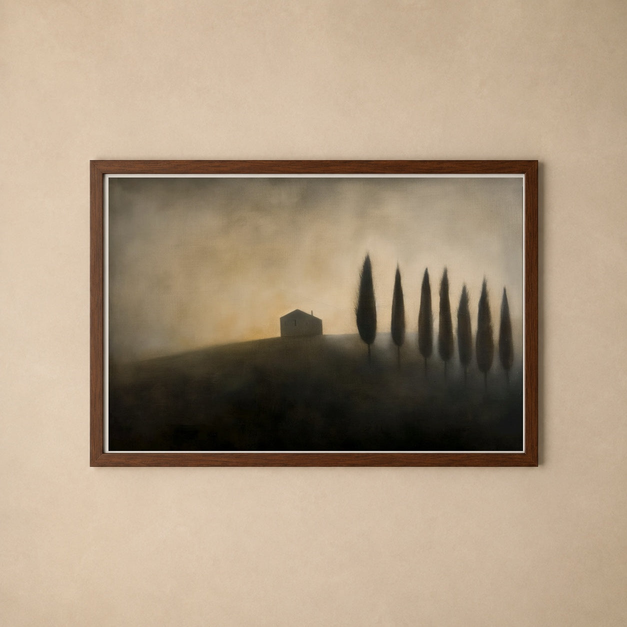 Cypress and Villa in Mist — dark romantic tonalist estate landscape fine art print, The Midnight Archive