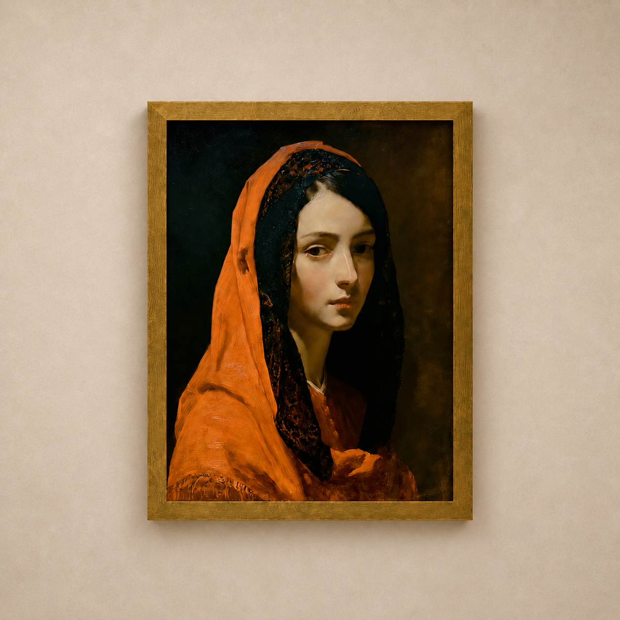 The Hidden Muse — dark romantic veiled portrait print in gold frame on cream wall, The Midnight Archive